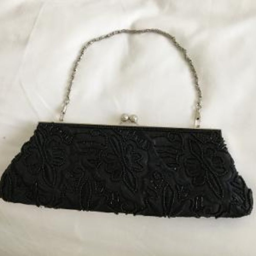 Beaded Evening bag Clutch  Black with 2  chains